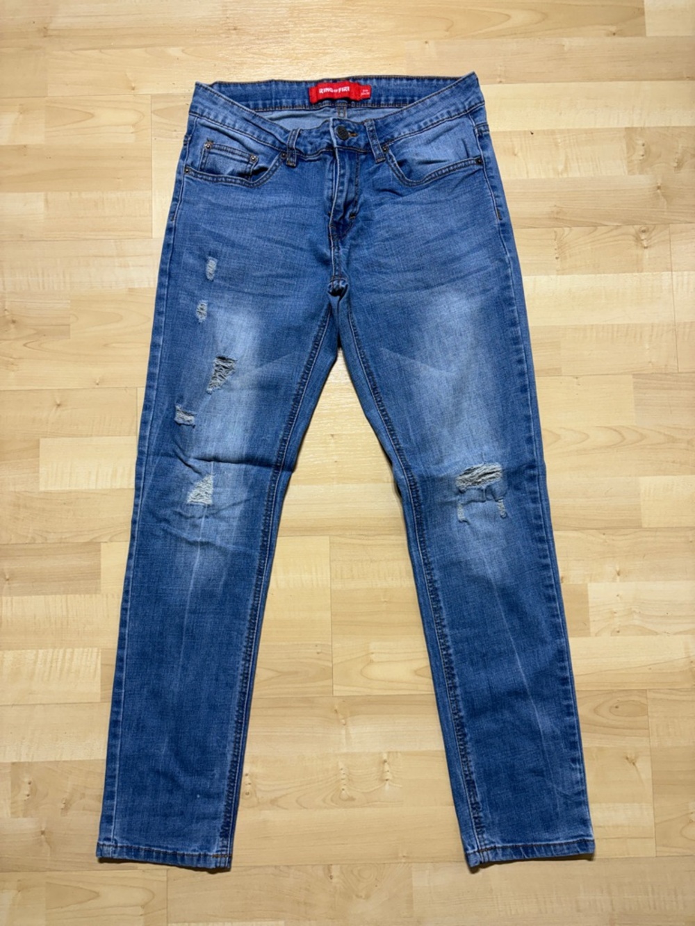 Ring of Fire Women's Skinny Jeans - Medium Blue Distressed